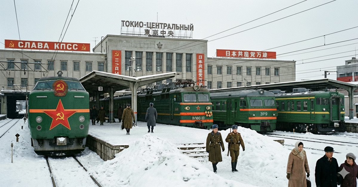 elekibusuter's tweet image. 「戦後、ソ連に分割統治された世界線を走る日本人民共和国の鉄道」をAIに描いてもらったけど、さすがに解像度が高すぎる