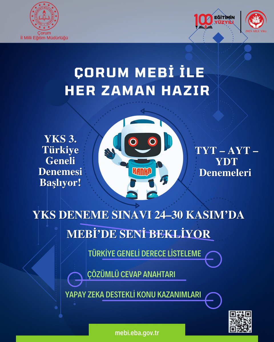 YKS 3. Türkiye Geneli Denemesi başlıyor!✨
TYT – AYT – YDT denemeleri 24–30 Kasım’da MEBİ’de seni bekliyor.🍀