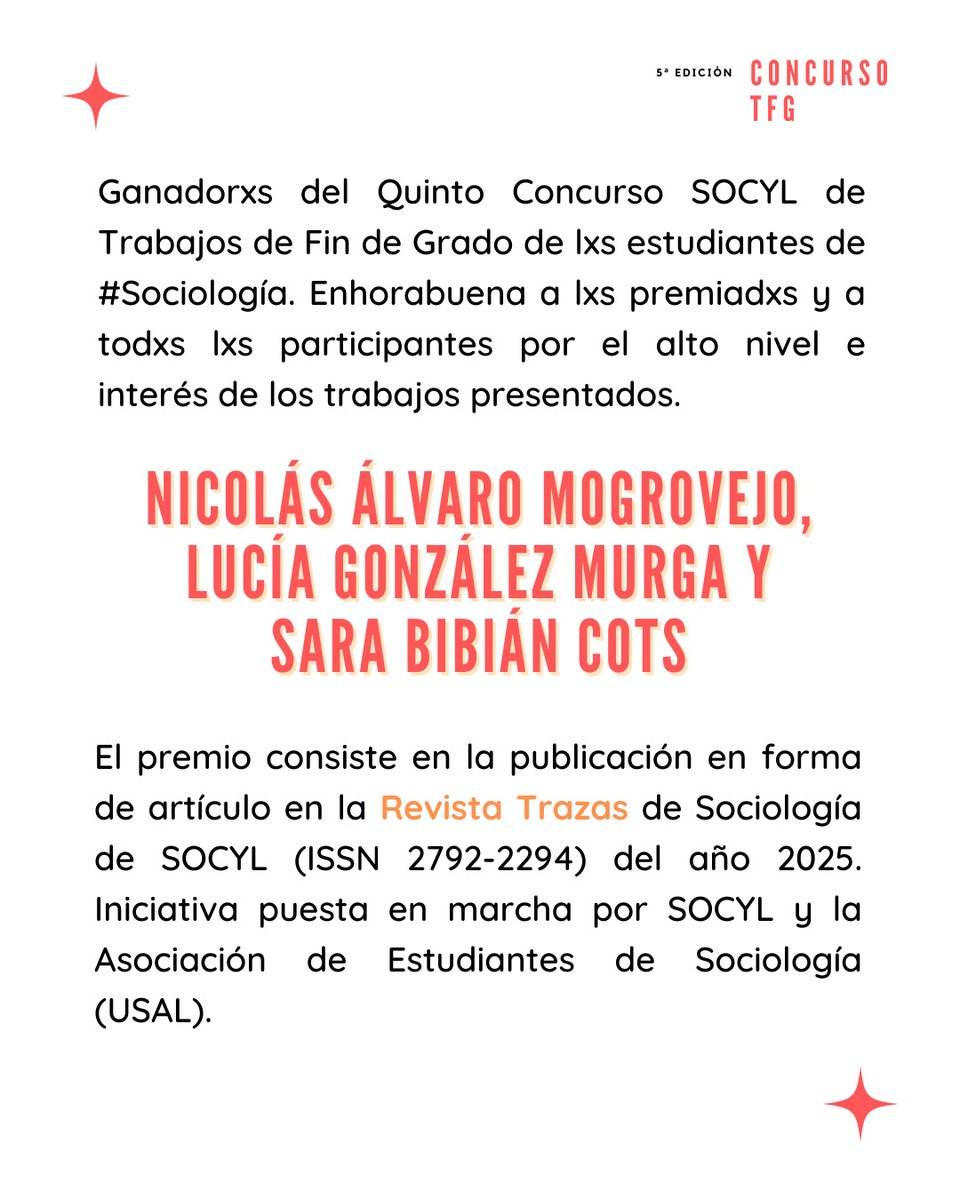 Ya tenemos el veredicto del V Concurso SOCYL de TFGs. Enhorabuena a los premiados y gracias a todos por participar #sociología