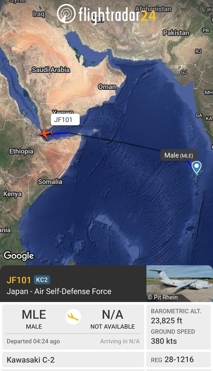 sipjack1776's tweet photo. Japan
JASDF
Kawasaki C-2
#87CD23/28-1216/JF101
Yonago>Rayong>Malé
On descent into Djibouti out of Malé.
@Borrowed7Time @Dinlas3 @oko3618 @ma6400 https://t.co/lp015WiZOZ