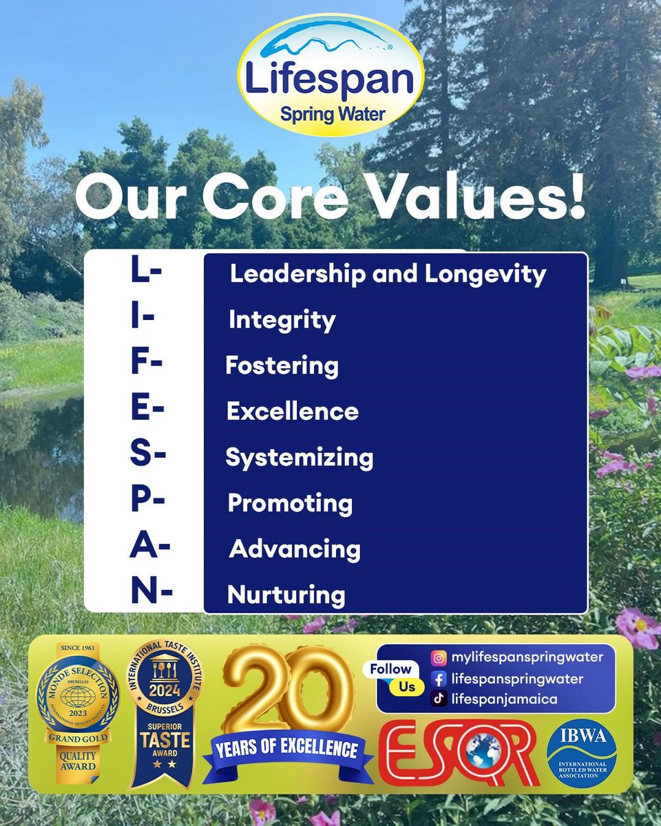Lifespanjamaica's tweet image. Strong values build strong companies.
“LIFESPAN” represents leadership, integrity, excellence, nurturing, and more.

lifespanspringwater.com
 
#corevalues #leadership