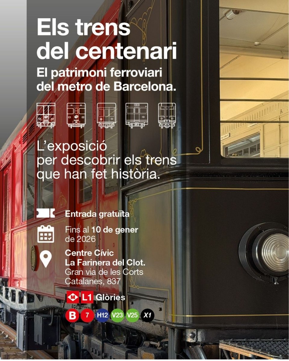 🚇Ja està oberta al públic l'exposició dels trens històrics restaurats dels #100AnysMetroBCN.
🗓️Fins al 10 de gener 🆓
⌚️De dilluns a divendres: de 10 a 18 hores (fins a les 19 hores caps de setmana)
📍Carpa esplanada Centre Cívic La Farinera del Clot
ℹ️ow.ly/N4Xp50Xy3iG