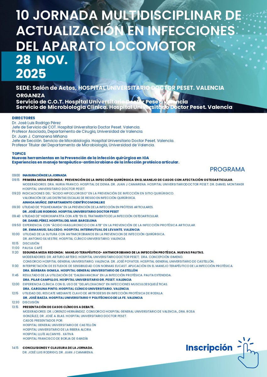👉🏻 Te esperamos en la 10 Jornada Multidisciplinar de Actualización en Infecciones del Aparato Locomotor del <a href="/GVADrPeset/">DS Doctor Peset</a> 👩🏻‍⚕️🔬

📅🕒Viernes 28/11 en el Salón de Actos del hospital a las 9.00h.

Inscríbete en el link🔗 docs.google.com/forms/d/e/1FAI…