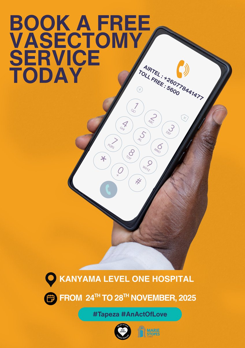 Book your FREE vasectomy today! 
We’re still at Kanyama Level One Hospital, until 28th November, 2025
Airtel: +260 778 441 477 | Toll Free: 5600

Take charge of your family planning. Be a responsible man.
#Tapeza #AnActOfLove #ResponsibleMen