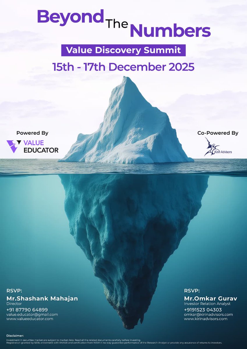 ValueEducator's tweet image. Dear Investors,
We are pleased to announce our upcoming Value discovery summit 2025 - “Beyond the numbers”, a 3-Day Investor Connect Series scheduled from 15th to 17th December 2025, a dedicated platform to help you discover high-potential small &amp;amp; micro-cap companies
