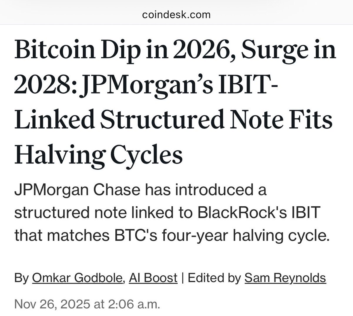 TheBTCTherapist's tweet image. JUST IN: JP Morgan is offering a new form of Bitcoin exposure linked to IBIT’s ETF if Bitcoin performs well through 2026-2028.