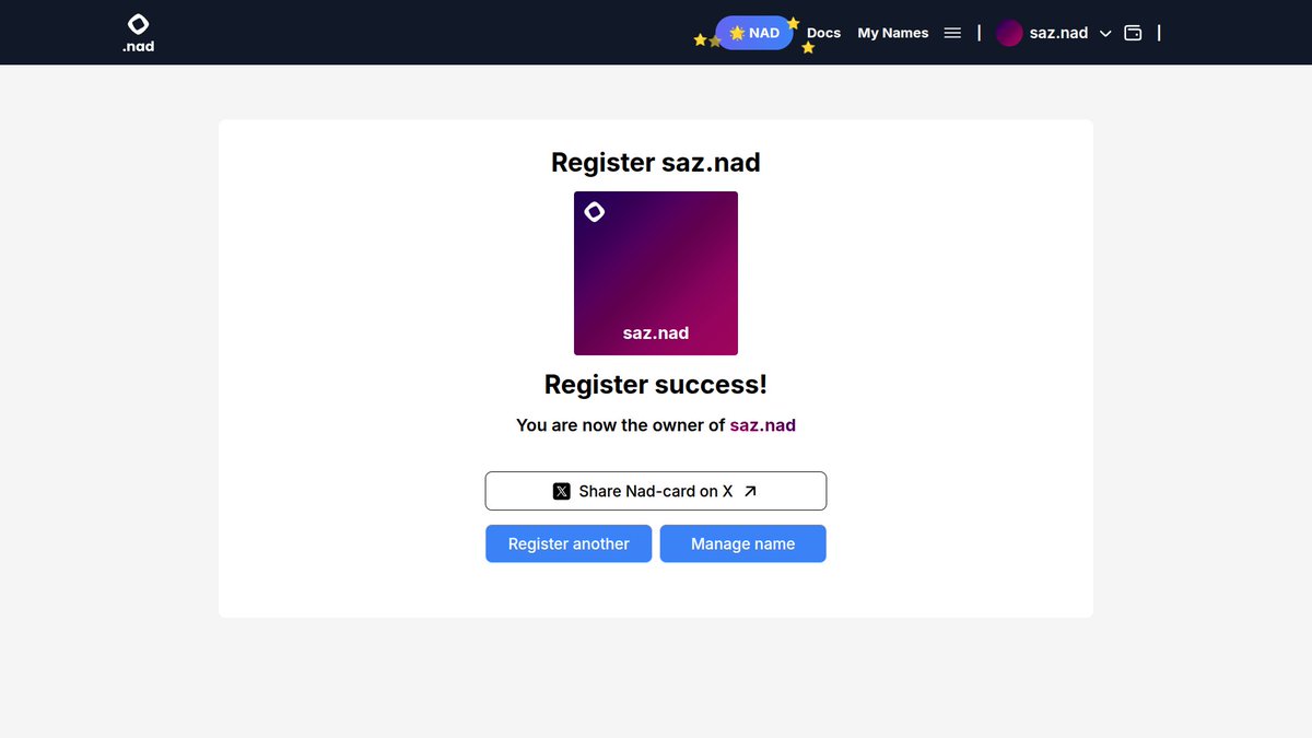 saztwt's tweet image. I&apos;ve just minted saz.nad
One-time registration, free use for life.
Powered by @NadDomains, natively built for @monad.

Every Nads needs to have their own. Mint your now! Just click the link below 👇

 api.nad.domains/nadcard/saz.na…