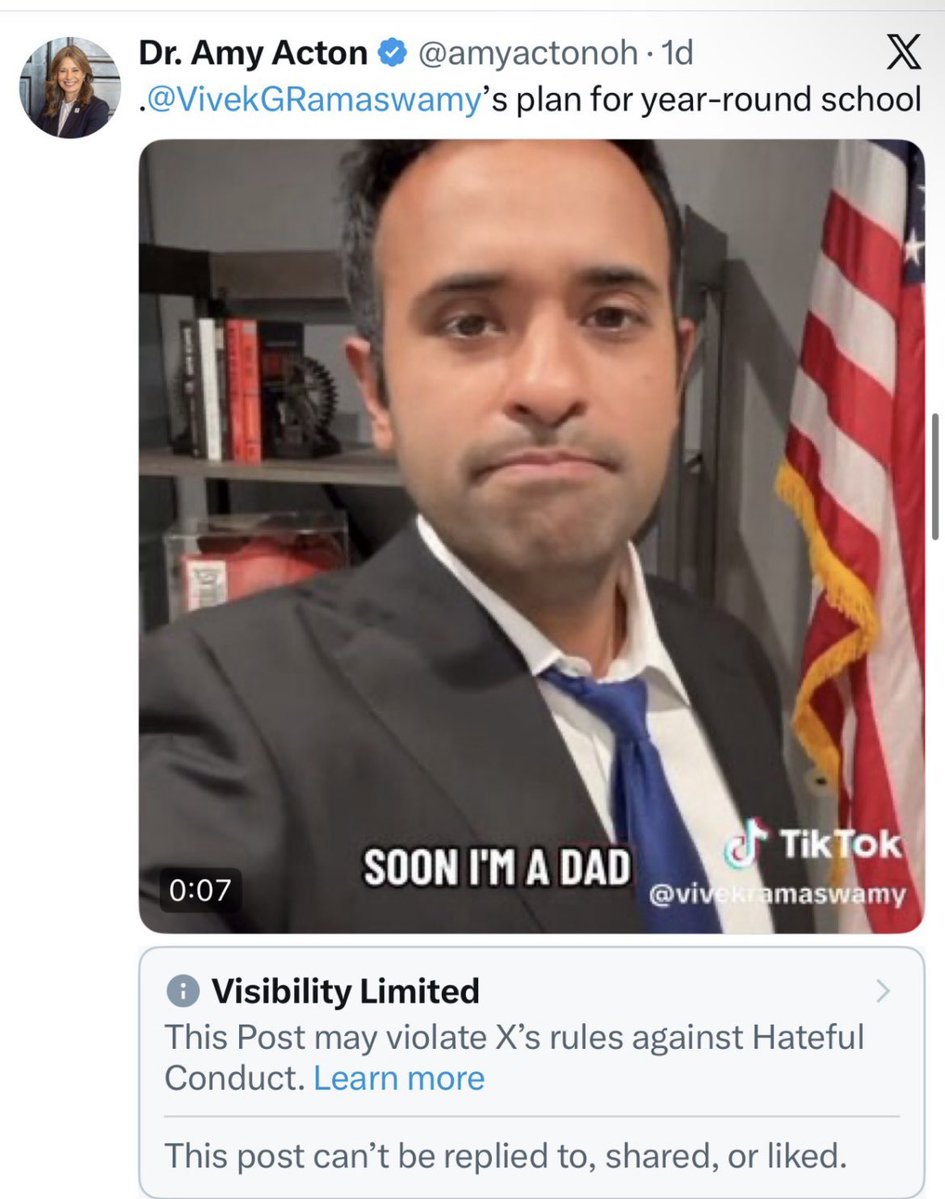 DavidPepper's tweet image. More…. 

Vivek’s policy ideas are apparently so toxic, that merely tweeting out his own video presenting his own idea got flagged as “hateful.”  

Note: the tweet didn’t even criticize him. 

(It’s unflagged now.)