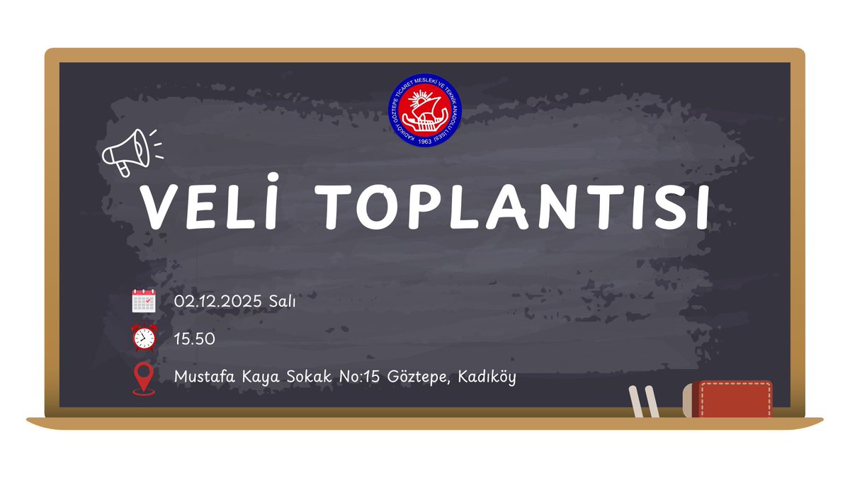 📢 2025-2026 Eğitim Öğretim Yılı 1. Dönem Veli Toplantısı 02 Aralık 2025 Salı günü saat 15.50’de okulumuzda yapılacaktır.

Velilerimize önemle duyurulur. 

<a href="/memkadikoy/">Kadıköy İlçe Millî Eğitim Müdürlüğü</a> <a href="/TahirUygur3/">Tahir UYGUR 🇹🇷🇹🇷</a> <a href="/ipolat44/">İbrahim POLAT</a>