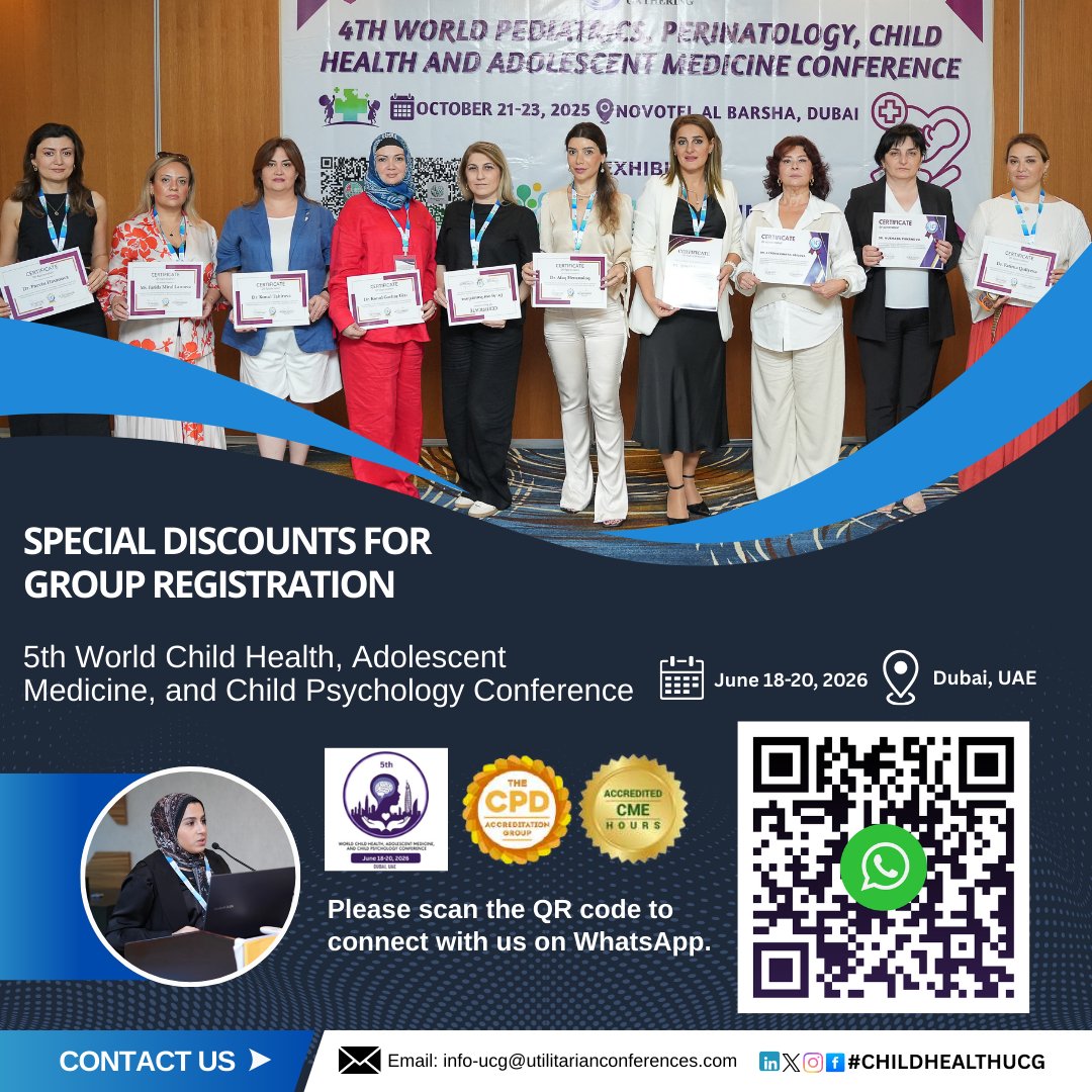 dr_lisharents's tweet image. Special Group Discounts

Join the 5th World Child Health, Adolescent #Medicine  &amp;amp; Child Psychology #Conference , June 18–20, 2026 in Dubai.

Register: …t-medicine.utilitarianconferences.com/registration

WhatsApp: wa.me/+971551792927

#Groupregistration #Chilspsychology #Groupdiscount