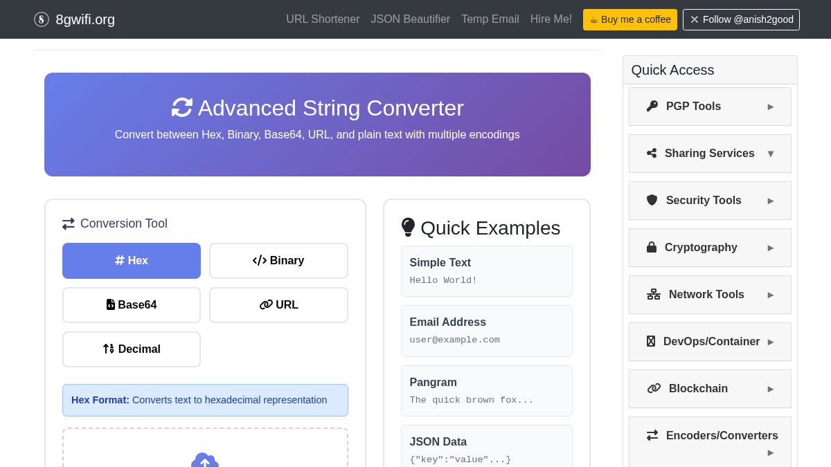 anish2good's tweet image. Unlock the power of data conversion with our Advanced String Converter! Easily transform Hex, Binary, Base64, and more. Enhance your encoding and decoding processes today. Try it: 8gwifi.org/HexToStringFun… 🔧 #Encoding #Decoding #DevOps