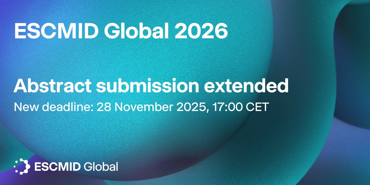 ESCMID's tweet photo. The deadline for abstract submission for ESCMID Global 2026 has been extended to Friday, 28 November 2025, 17:00 CET! We look forward to receiving your submissions! 🚀

More info: https://t.co/EDbmY22ulB https://t.co/pvm4ATiuTO