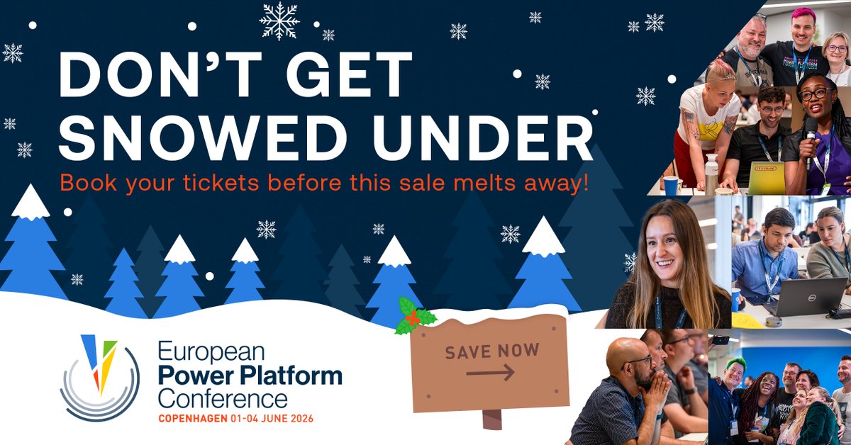 EuropeanPPC's tweet image. Snowflakes aren’t the only things dropping this season… so are our ticket prices! ❄️⬇️
sharepointeurope.com/european-power…
📍Copenhagen 📅 1-4 June 2026
#PowerPlatform #PowerPages #Copilot #CopilotStudio #PowerAutomate #PowerApps #Dynamics