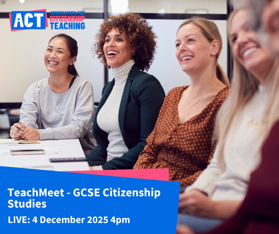 ACitizenshipT's tweet image. Teaching GCSE Citizenship? Join us 4 Dec, 4pm for an interactive session with Kelly Allchin &amp;amp; ACT Ambassadors. Get practical tips, share ideas, and advice to boost your classroom practice. Free sign-up: teachingcitizenship.org.uk/event/teachmee… #EduChatUK #GCSE
