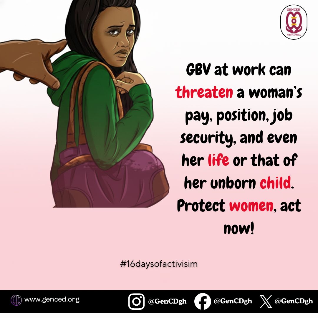 GenCEDgh's tweet image. A safe workplace is not a privilege it is a fundamental right. Let’s confront harmful norms, demand accountability, strengthen reporting systems, and build work environments where women and girls are protected, respected, and heard.
#EndGBV #SafeWorkplaces #HumanRights #GenCED