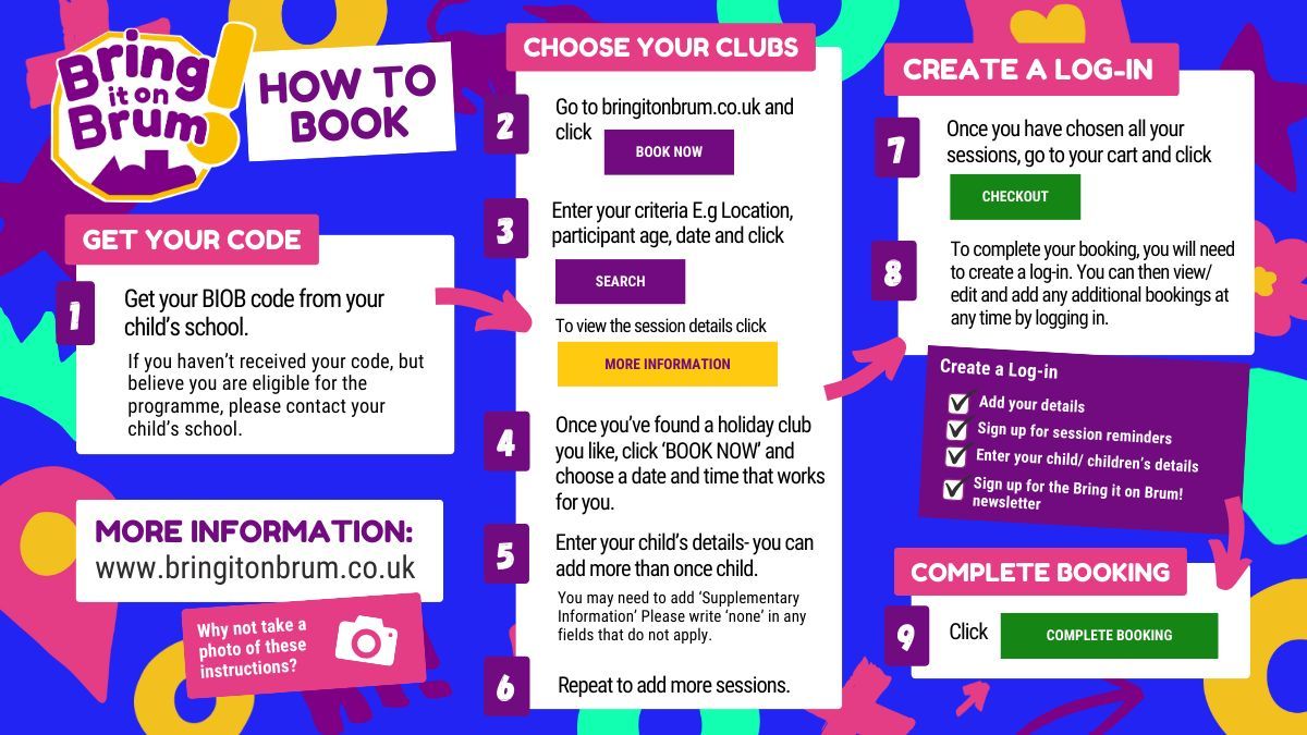 Bookings for Bring it on Brum! winter holiday clubs officially open on Monday 1st December.

Check out our How to Book guide and make sure you have your Bring it on Brum! booking code.

⚠️If you haven’t received your booking code, please contact your child’s school.