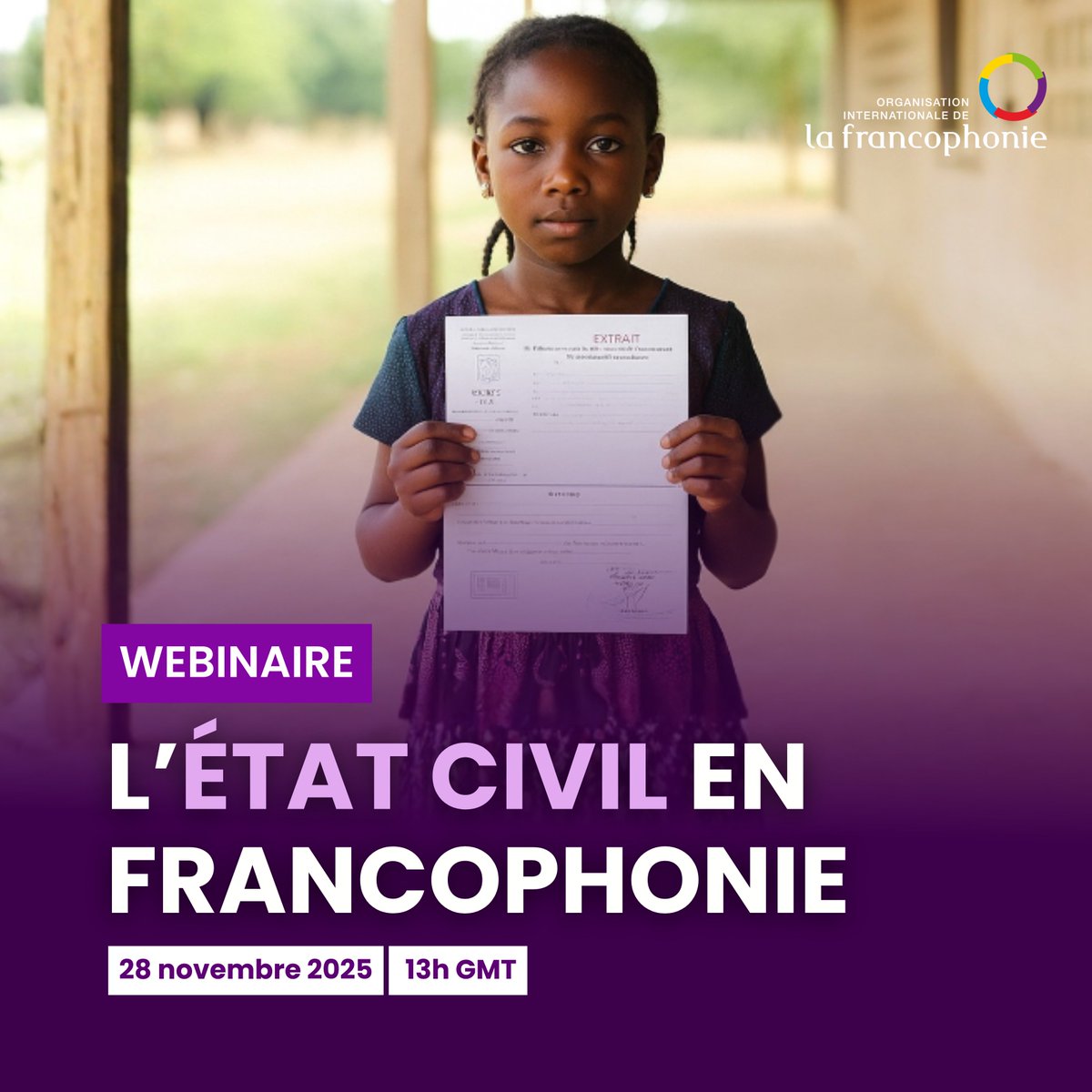 OIFrancophonie's tweet image. L’OIF organise un webinaire dédié à la question de l’état civil au sein de l’espace francophone.

Ce rendez-vous réunira des expert(e)s et des partenaires francophones pour dresser un état des lieux et proposer des pistes de coopération en faveur de la modernisation et du…