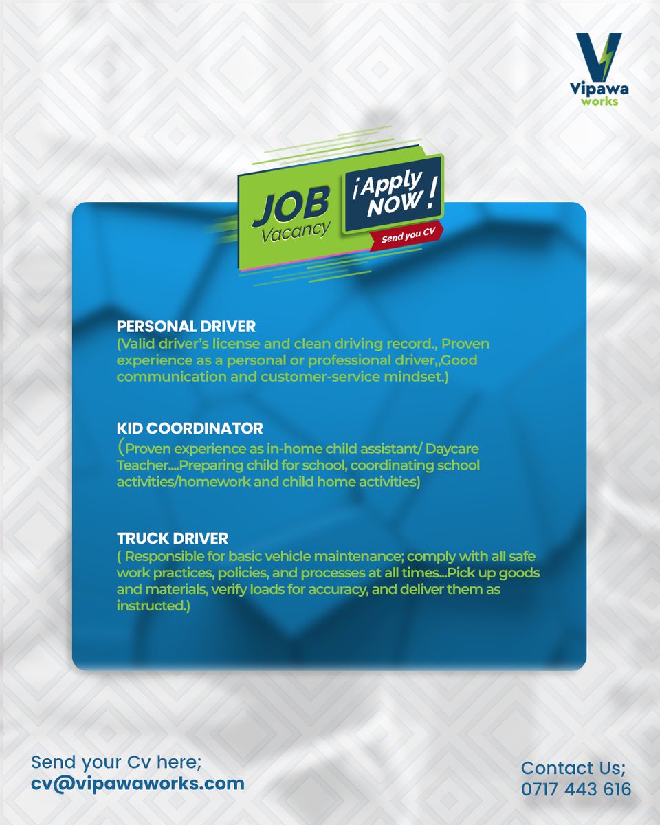 Vipawaworks's tweet image. We’re Hiring! 🚀

Vipawa Works is looking for dedicated and qualified candidates to join our team.

If you meet the requirements, send your CV today and take the next step in your career.

📧 cv@vipawaworks.com

#VipawaWorks #JoinOurNetwork