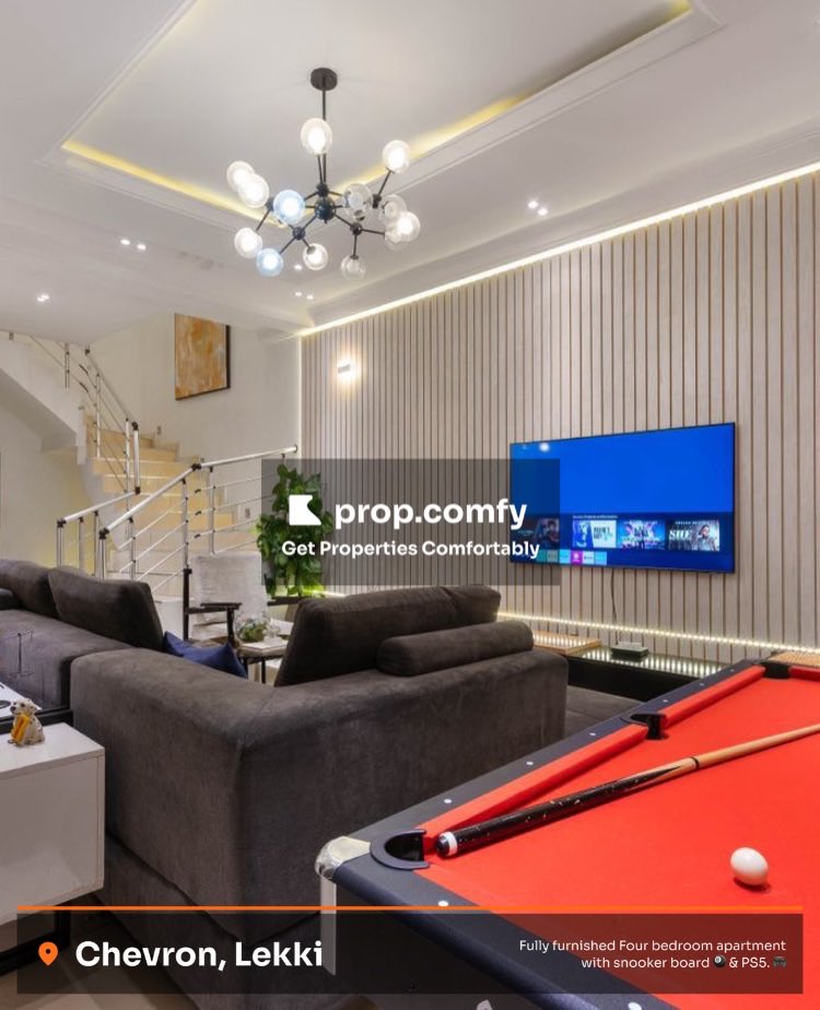 propcomfy's tweet photo. Step into our fully furnished 4-bedroom apartment featuring a snooker table 🎱 and PS5 🎮 for endless fun.
💰 ₦180,000
📍 Chevron, Lekki
Spots are filling fast — book your stay today!
📩 DM us for inquiries or a private viewing.
#chevronlekki #luxuryliving #shortletinlagos https://t.co/ZYMwgPGAtX