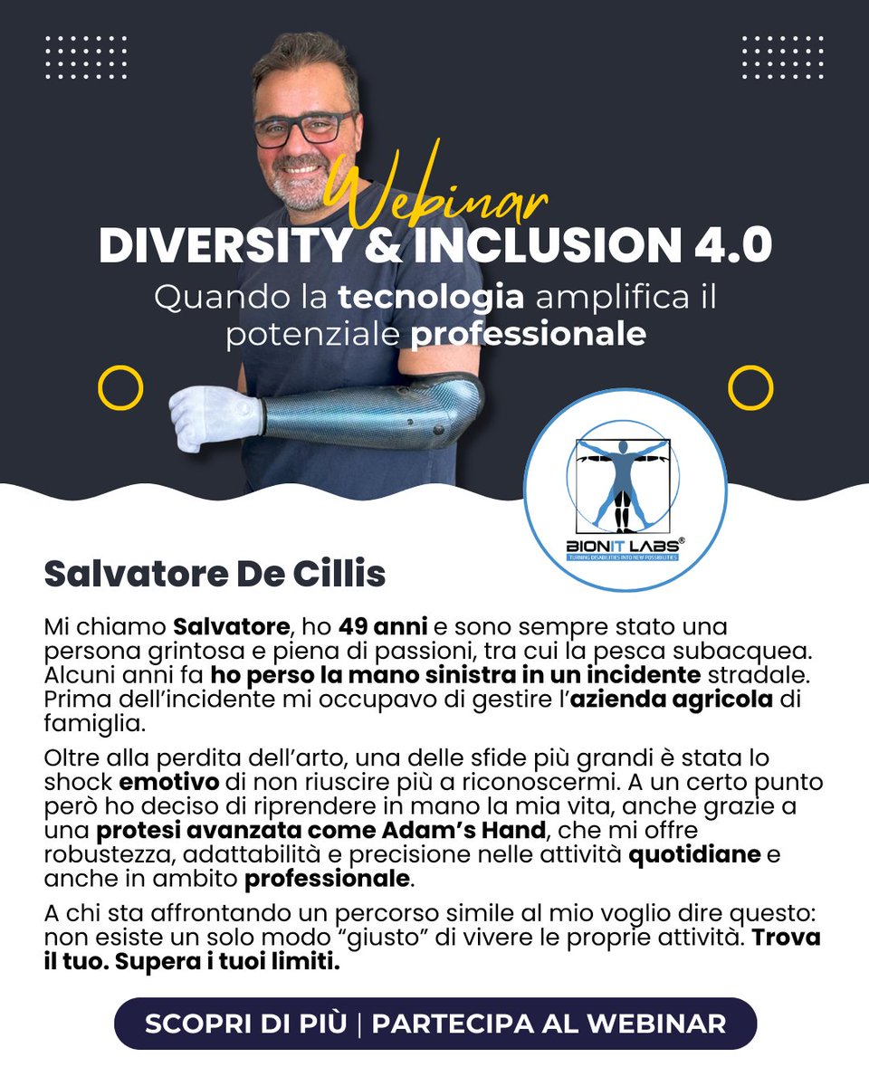 Adams_Hand_'s tweet image. Quale modo migliore per affrontare il tema della disabilità e del lavoro, se non attraverso la testimonianza autentica di chi vive questa condizione?  

Unisciti alla conversazione: 
linkedin.com/events/diversi…

#AdamsHand #BionITLabs #BionicHand #Amputee #Inclusion #Disability