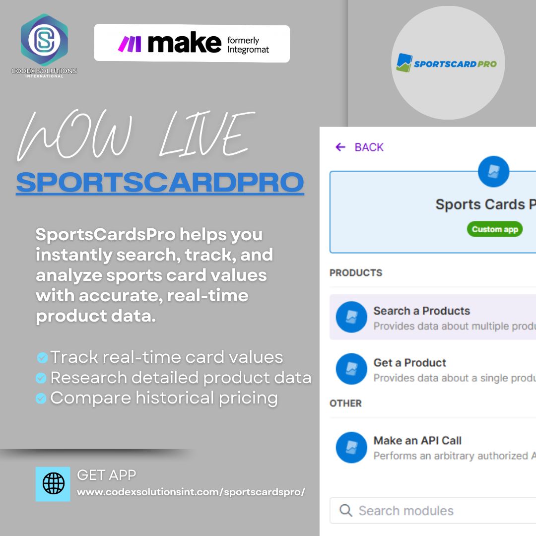 solutions_codex's tweet image. New sports-card data &amp;amp; price-tracking app now available inside a major automation platform — real-time card details, pricing and product data for collectors, resellers and hobby shops. Automate smarter workflows. #TradingCards #Automation