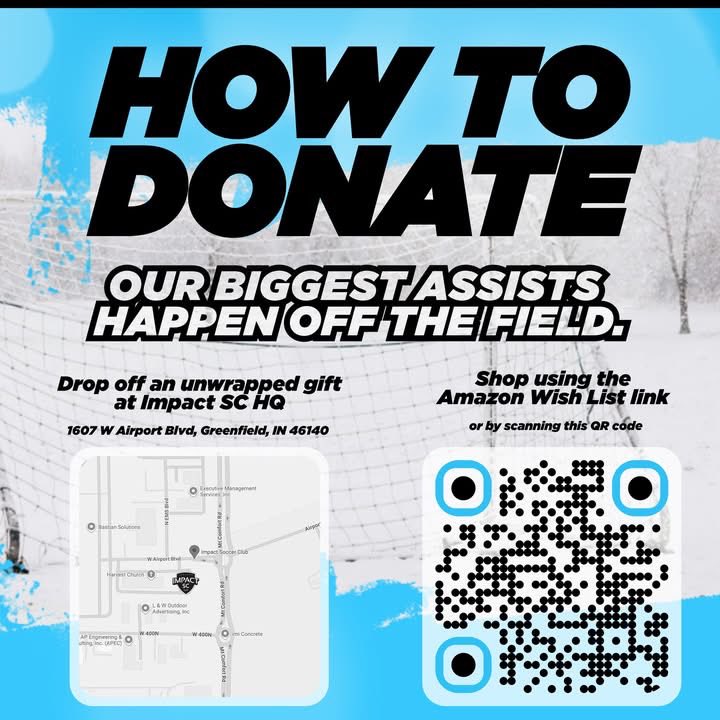 Help us with unwrapped gifts for children and families in need – now through December 12.

How to Give:
 • Drop off a new, unwrapped gift at Impact HQ (1607 W Airport Blvd, Greenfield, IN 46140) or
 • Shop directly from our Amazon Wish List: tinyurl.com/ImpactGives2025