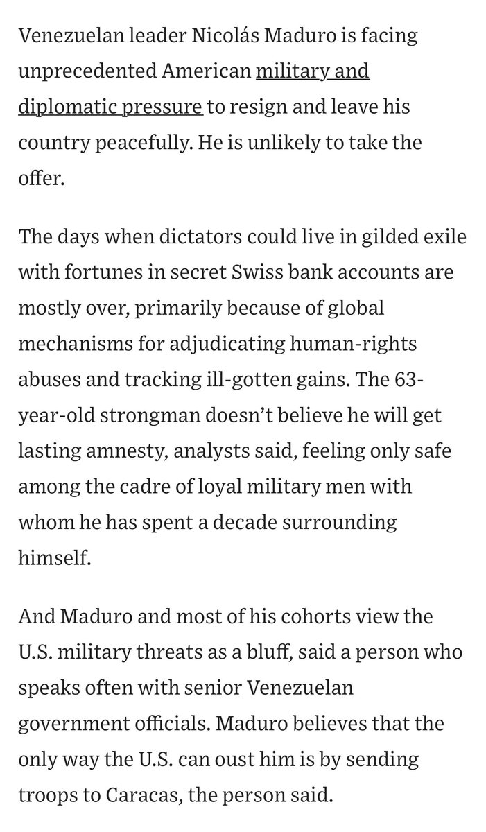 OrlvndoA's tweet image. 🚨 | WSJ:

Por más presión que reciba, Maduro probablemente nunca renuncie y se exilie. Estas son las razones:

- No siente que obtenga garantía de por vida en ningún lugar del mundo. 

- Maduro y su grupo ven las amenazas de EEUU como un bluff y no creen que Trump se atreva a…