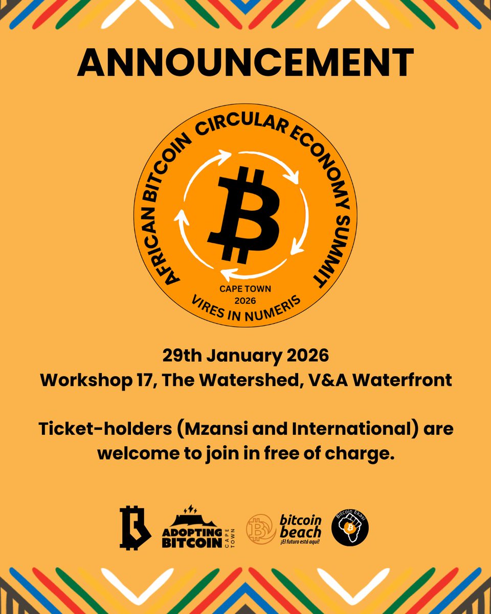 abcptza's tweet image. Why you should buy your Adopting Bitcoin Cape Town ticket?

Below are some of the benefits:

1) Tote bag &amp;amp; sticker pack ✅
2) Pecha Kucha presentation invitation✅
3) Bitcoin Loxion Guided Tour ✅
4) Complimentary access to the African Bitcoin Circular Economy Summit 👇
5) TBA 👀…
