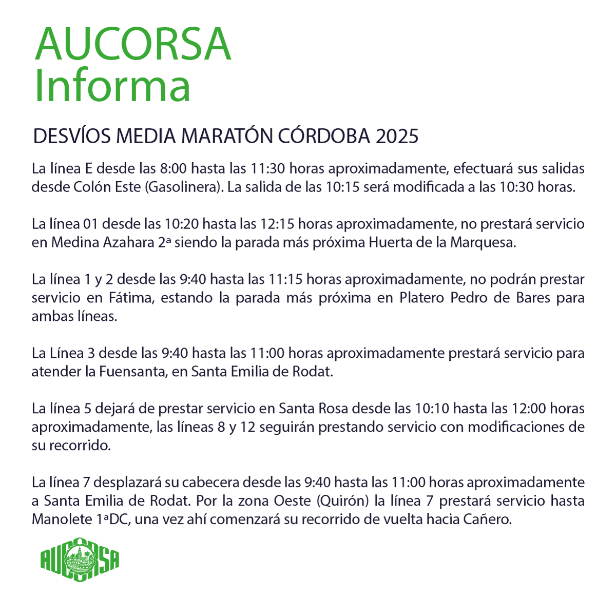 aucorsa's tweet photo. 🟢 AUCORSA INFORMA🟢

Con motivo de la Media Maratón de Córdoba 2025 🏃‍♂️, este domingo 30 de noviembre, de 8:00 a 13:00 h aprox., las líneas que coincidan con el recorrido podrán sufrir desvíos por rutas alternativas.

Disculpen las molestias 🙏

 🔗https://t.co/QHUI4KrJyl https://t.co/7f5XjV92nJ