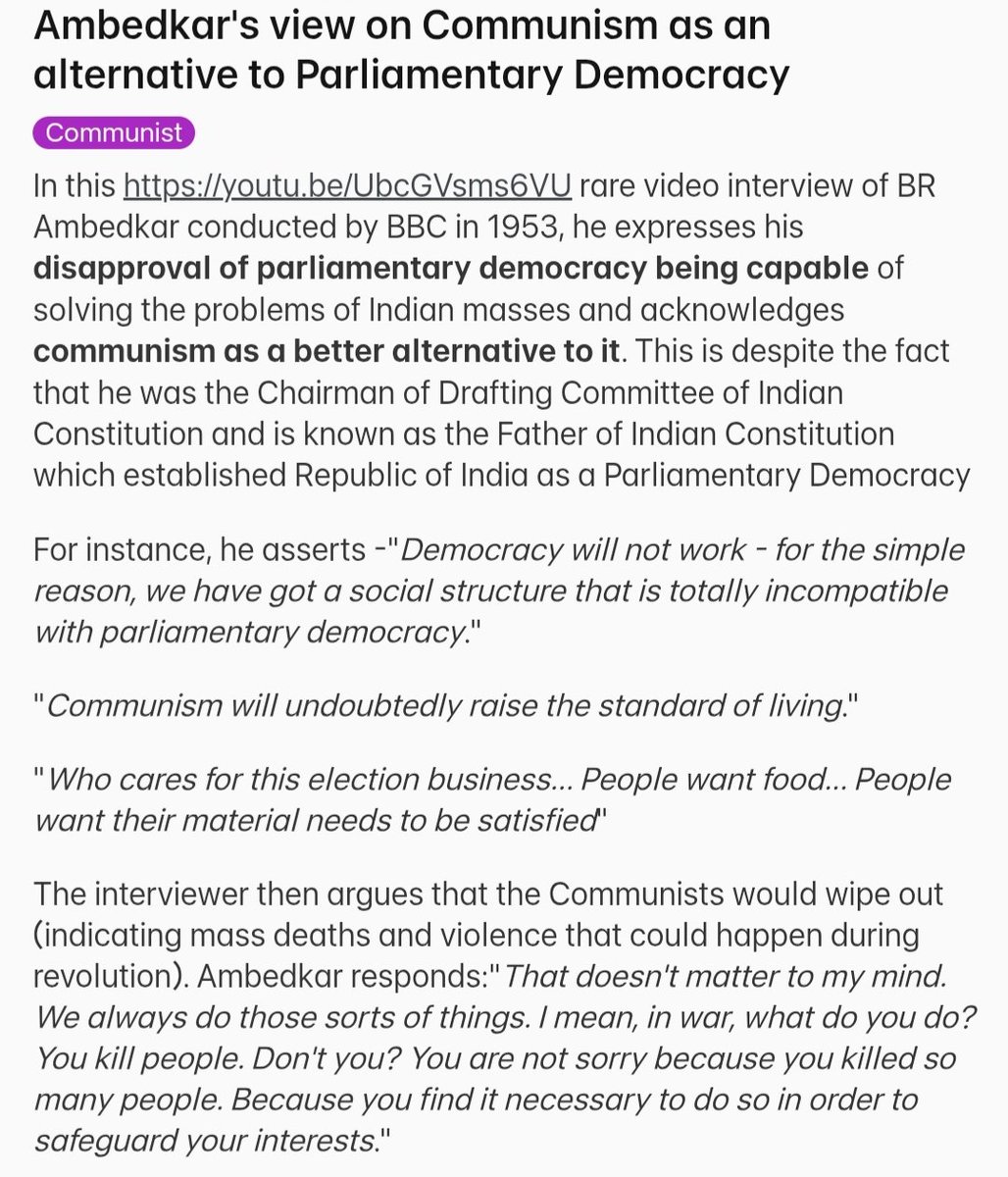 Proletraitor's tweet photo. @tonybekkal He didn't said he was maoist. he said communism was alternative to parliamentary democracy (refer BBC interview of Babasaheb) https://t.co/vdCKdMeISP