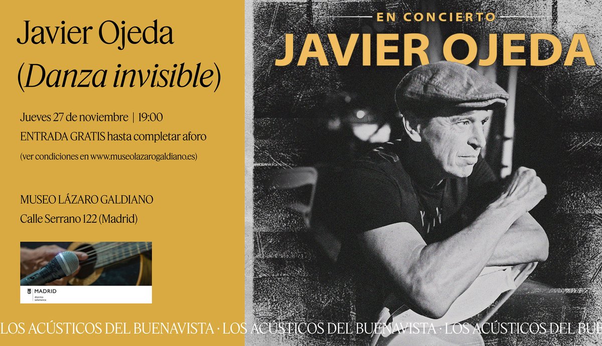Mañana, jueves 27 de noviembre, a las 19 horas, estás invitad@ al #concierto de <a href="/JavierOjeda64/">Javier Ojeda</a> (cantante, compositor y solista de "Danza Invisible") ¿te apuntas?
+ info: museolazarogaldiano.es/agenda-de-acti… 
Entrada #gratis (ver condiciones en web)
Los Acústicos del Buenavista
#Madrid