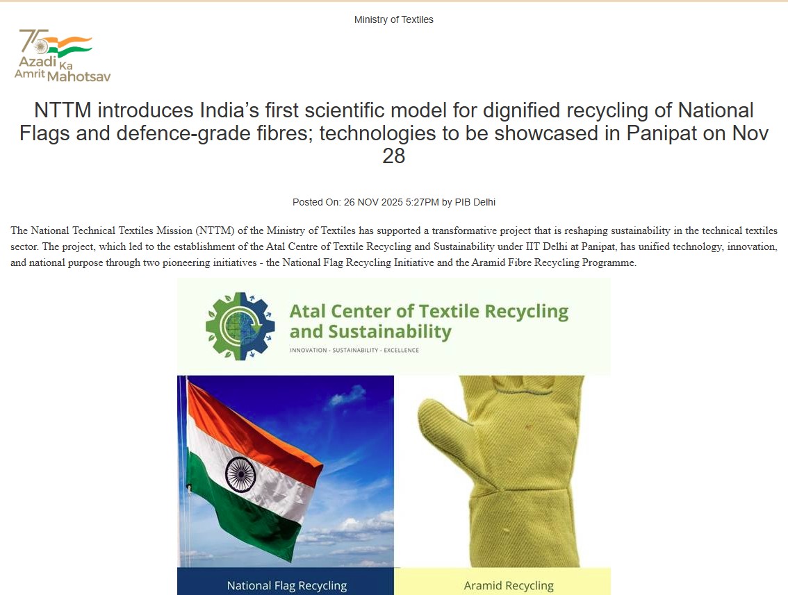 PIBTextiles's tweet image. NTTM introduces India’s first scientific model for dignified recycling of National Flags and defence-grade fibres; technologies to be showcased in Panipat on Nov 28 

Read more: pib.gov.in/PressReleasePa… 

@PIB_India @TexMinIndia