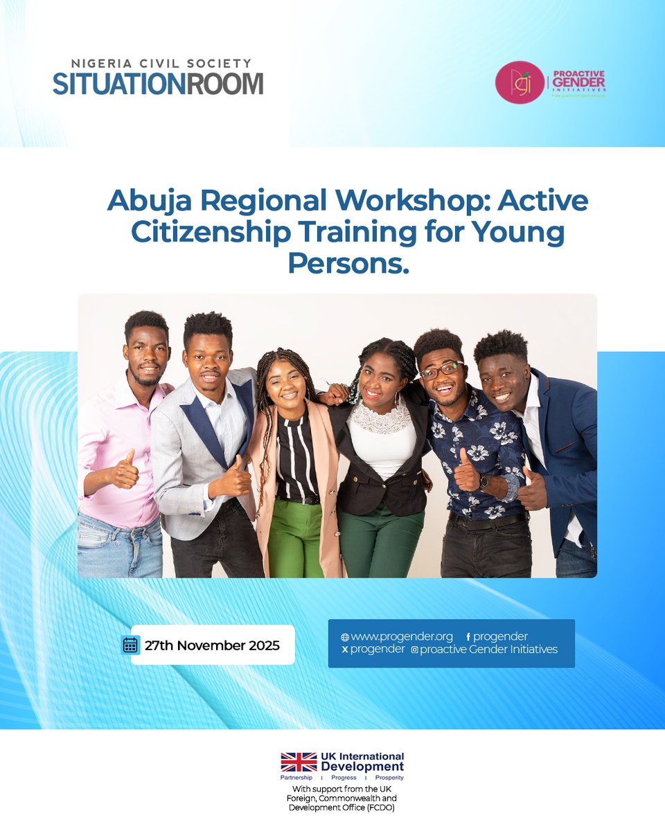 ProGender's tweet image. Proactive Gender Initiatives (PGI) is excited to announce our upcoming Abuja Regional Workshop themed: “Active Citizenship Training for Young Persons”.