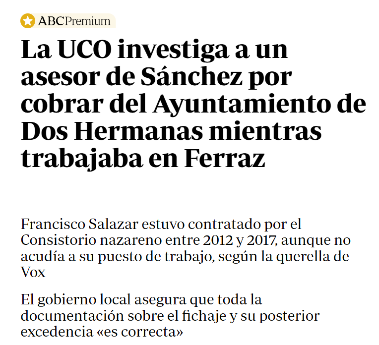 Según publica <a href="/abcdesevilla/">ABC de Sevilla</a>, a Pedro Sánchez se le abre un nuevo frente judicial con la investigación al ayuntamiento de Dos Hermanas por la contratación de Francisco Salazar.

Analizamos el caso con <a href="/jesusdconejero/">Jesús Díaz</a> en #MASCanalSur: youtu.be/UEZ-nvN5BmU

#MASCorrupción