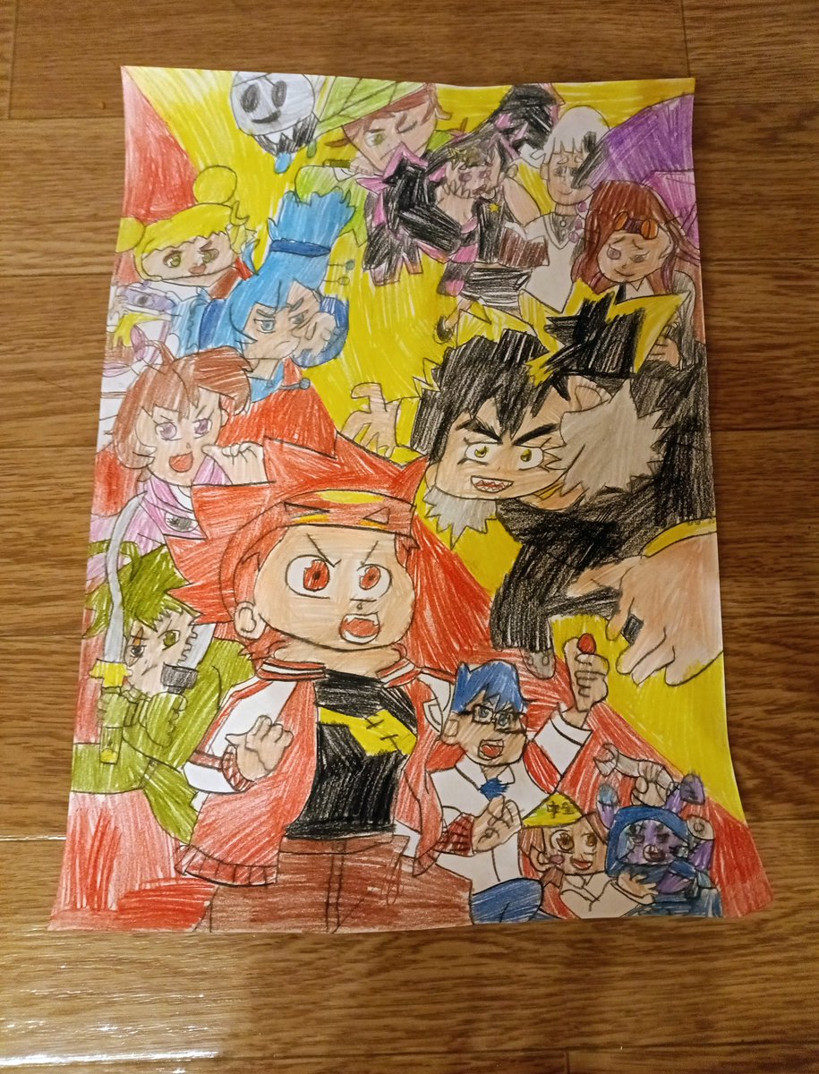 ヒロたまの絵を 描きました!上手に 描いていました!背景の色の赤は