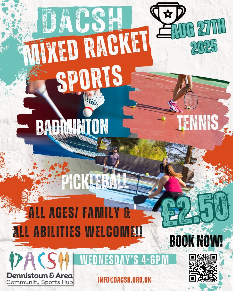 🏸 Family Racket Sports Tonight!
Join us at Haghill Primary, 4–6 PM for fun, fitness &amp; family time.
✅ All ages &amp; abilities welcome
✅ Just £2.50 per person
📍 Wednesdays | dacsh-sports.classforkids.io 
#Badminton #FamilyFun #GlasgowSports