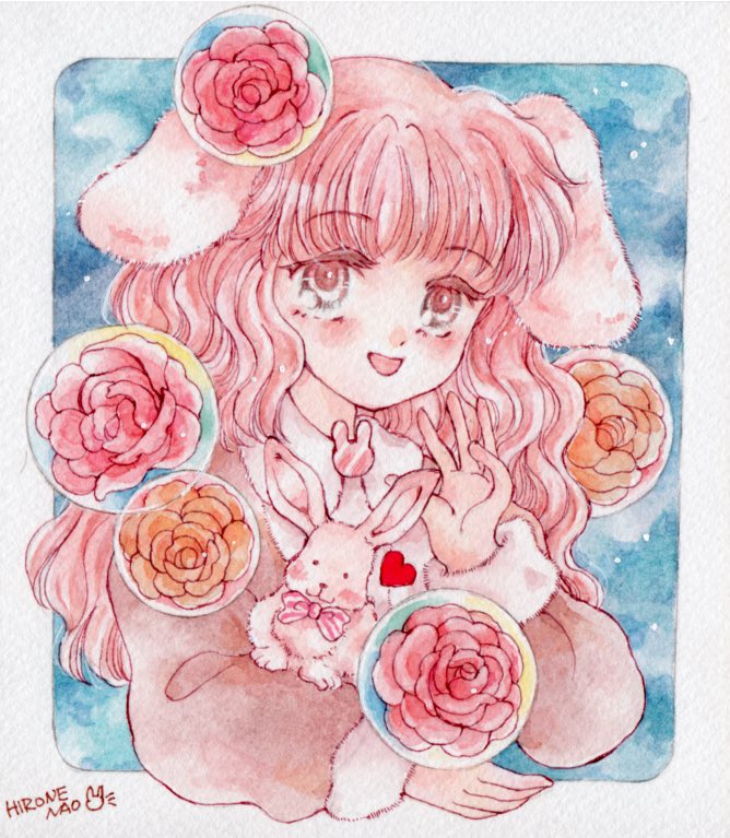 「花持ち 娘」水彩画 透明水彩で灯花ちゃん🧸 ずっと線画で放置してたから塗れてすっきり🥰