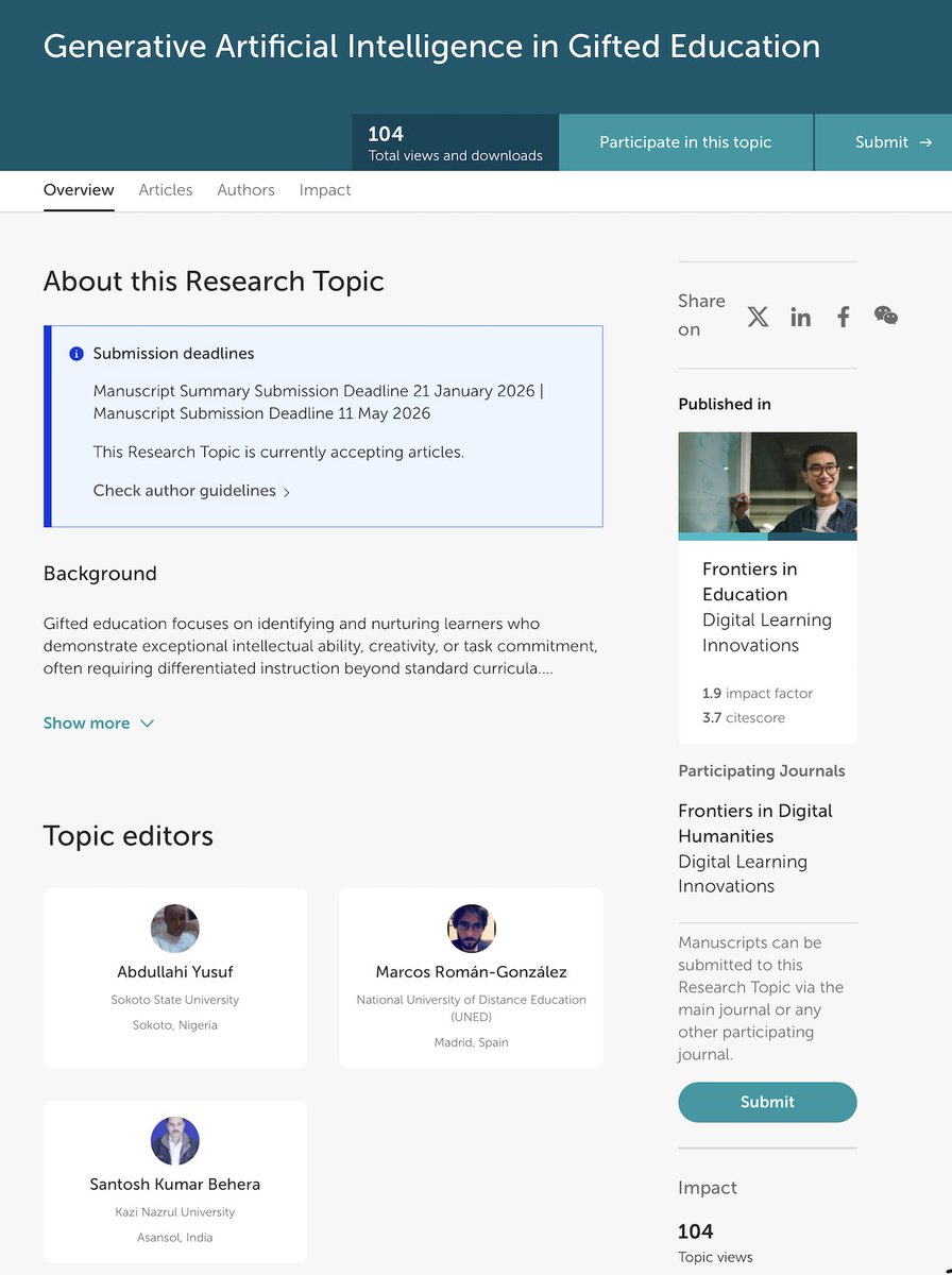 elpsycomago's tweet image. #CallForPapers👇

&quot;Generative Artificial Intelligence in Gifted Education&quot;, edited by @Abdullmeela, @elpsycomago and Santosh Kumar Behera. More information in:

frontiersin.org/research-topic…

#GenAI #AIeducation #Gifted #Giftededucation