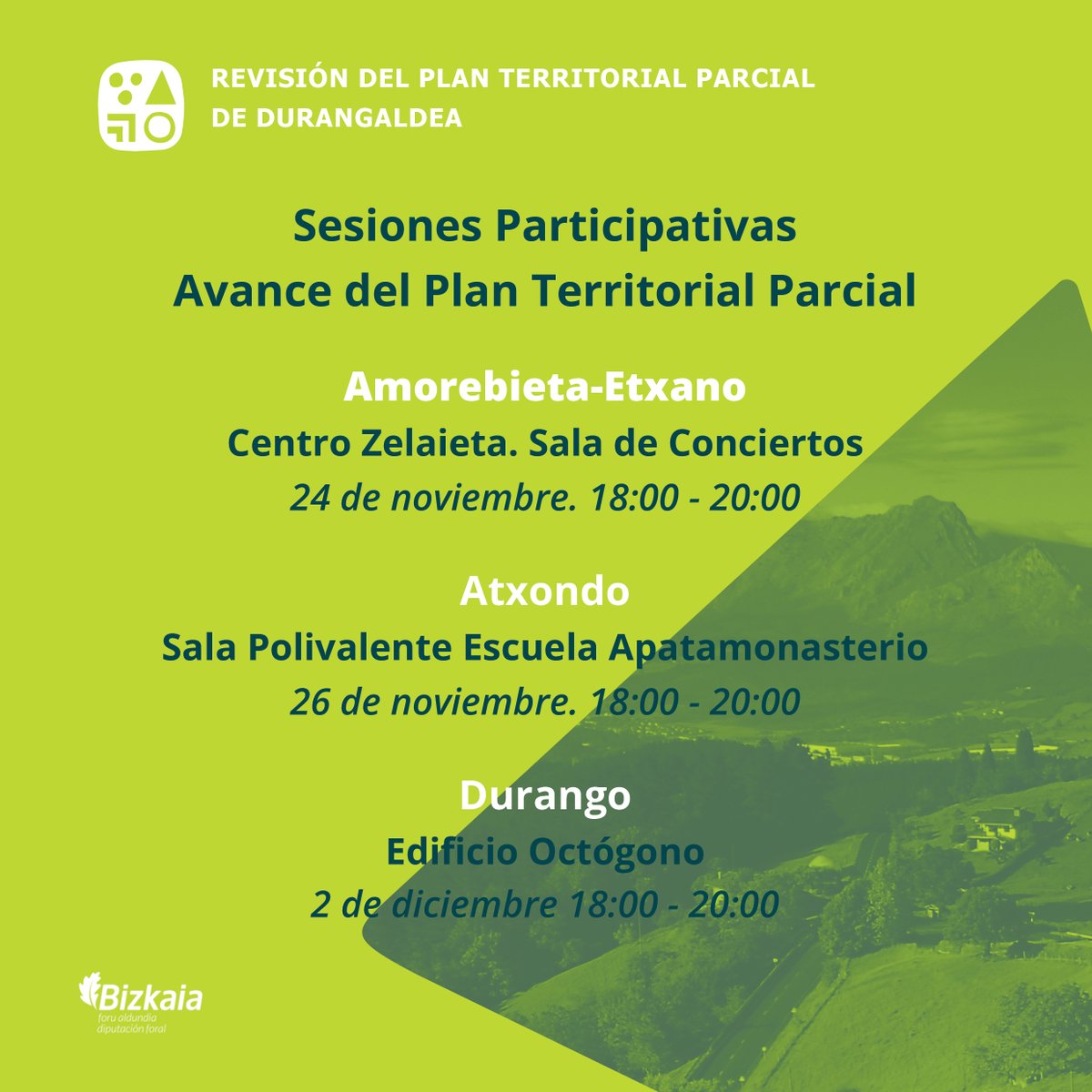🗣️📋El Plan Territorial Parcial de Durangaldea se abre a la ciudadanía con una sesión participativa en Durango el 2 de diciembre.

🔗 ES: labur.eus/lxfavamq

#Durango 🔵 #zurekin #contigo