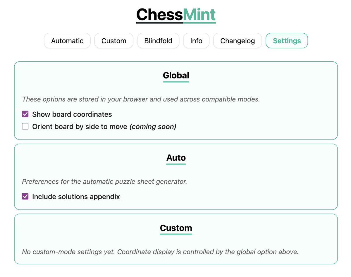 chess_mint's tweet image. 25-11-26 Changelog 🗒️

⏩ Cleaned up site layout for custom mode
⏩ Created settings page
⏩ Board coordinates now a global setting