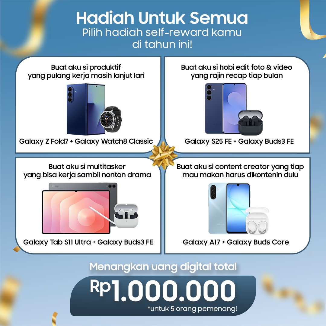 samsungID's tweet image. GIVEAWAY TIME! Rp1.000.000 untuk 5 pemenang🥳

Reply hadiah self-reward pilihan kamu dan alasannya pakai #HadiahUntukSemua #HadiahUntukAku 💙

Mau upgrade Galaxy? Ada bonus hingga Rp5,9 juta dan program Triple 0: bunga 0%, DP 0, admin 0, plus cicilan 0% tanpa kartu kredit. 🎁