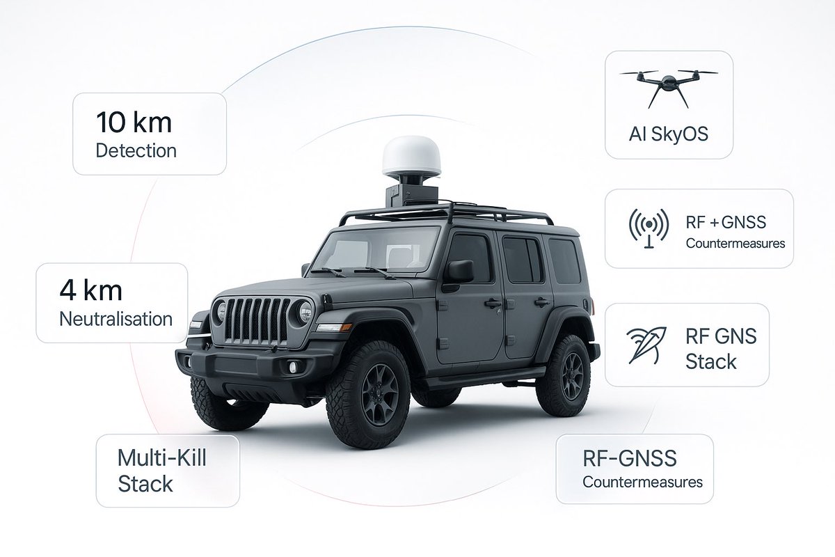 DefenseNewsIN's tweet image. India’s first Anti-Drone Patrol Vehicle is here.
Indrajaal’s ADPV brings a full mobile C-UAS bubble:

• Detection range: ~10 km
• Neutralisation range: ~4 km
• Multi-kill stack: RF jamming, GNSS spoofing, cyber-takeover, hard-kill interceptor drone
• Powered by AI (SkyOS™)…