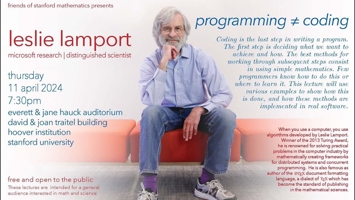 jocerfranquiz's tweet image. Are you a programmer or are you a coder?

Coding is the last step in writing a program. The first step is deciding what we want to achieve and how.

 Few programmers know how to do this or where to learn it. In this lecture, Turing&apos;s award winner Leslie Lamport explains the…