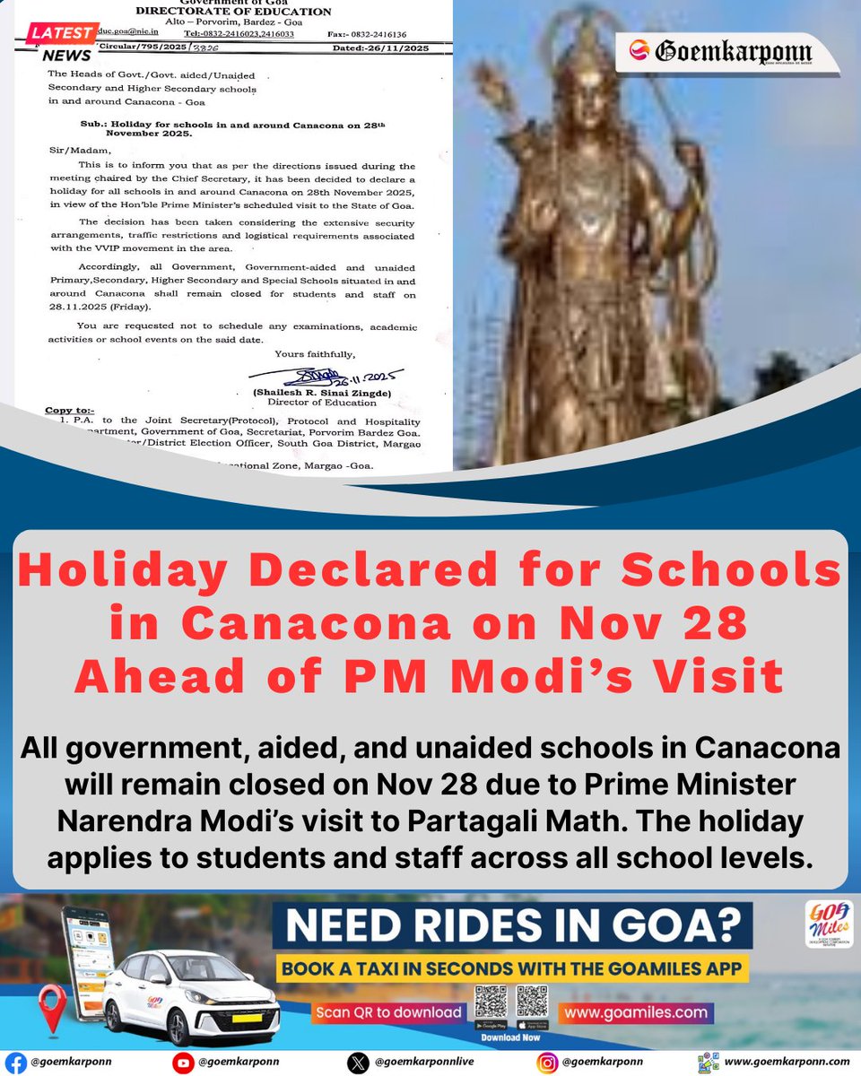 goemkarponnlive's tweet image. All government, aided, and unaided schools in Canacona will remain closed on Nov 28 due to Prime Minister Narendra Modi’s visit to Partagali Math. The holiday applies to students and staff across all school levels.#Canacona #PMModiVisit #SchoolHoliday #GoaNews #BreakingNews