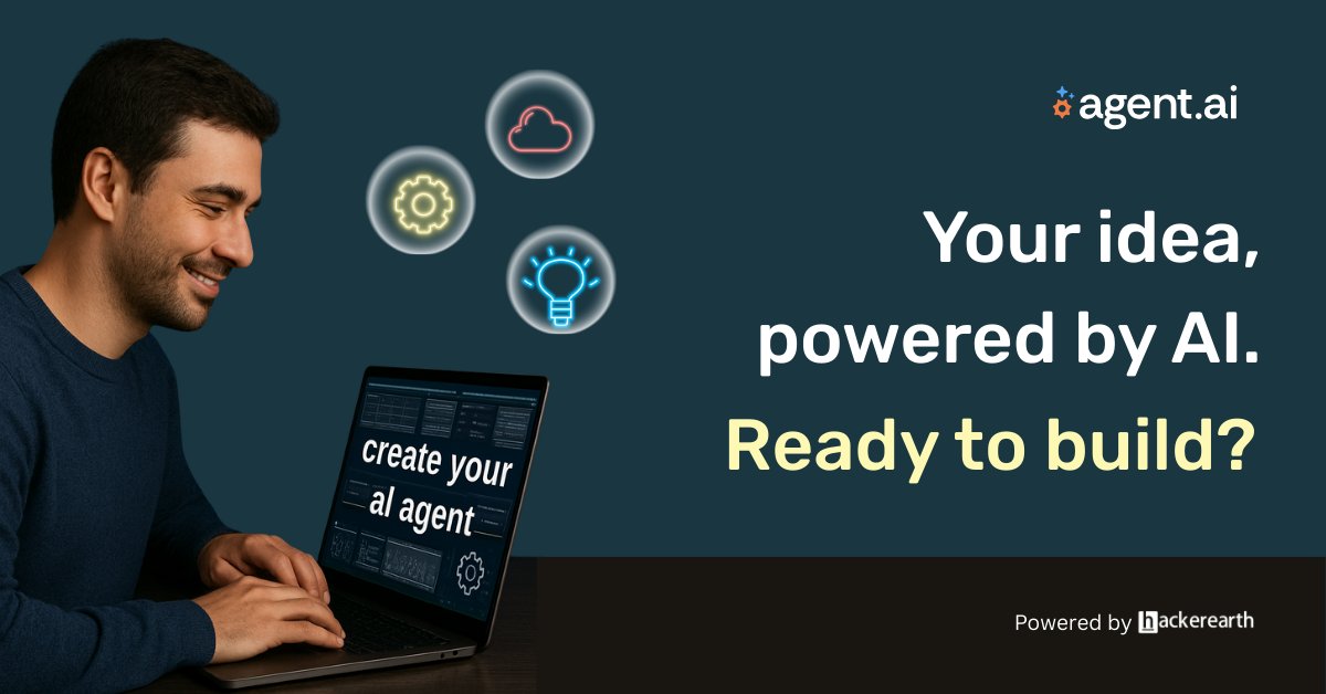 HackerEarth's tweet image. 🤯Agent AI by the numbers: 4000+ agents built, 15-min avg build time. Now
Your turn to build something wild (or useful!). Register Now: bit.ly/46zFT37