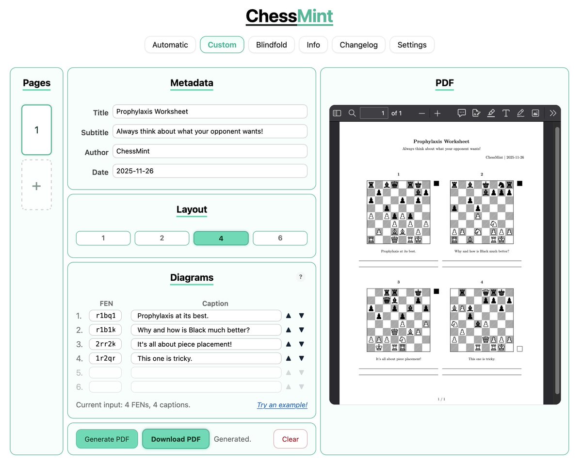 chess_mint's tweet image. 25-11-26 Changelog 🗒️

⏩ Cleaned up site layout for custom mode
⏩ Created settings page
⏩ Board coordinates now a global setting