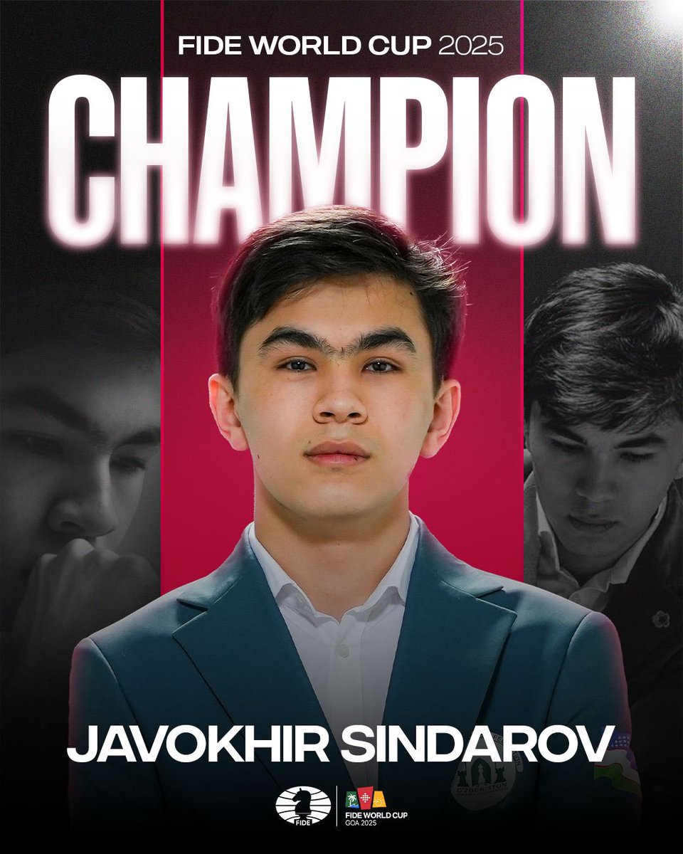 narangnitin's tweet image. Congratulations, Grandmaster Javokhir Sindarov, on winning the FIDE World Cup 2025. Throughout the tournament you not only played brilliantly with ease but also proved yourself unpredictable and truly unstoppable both on the board and in the mind.

#FIDEWorldCup2025…