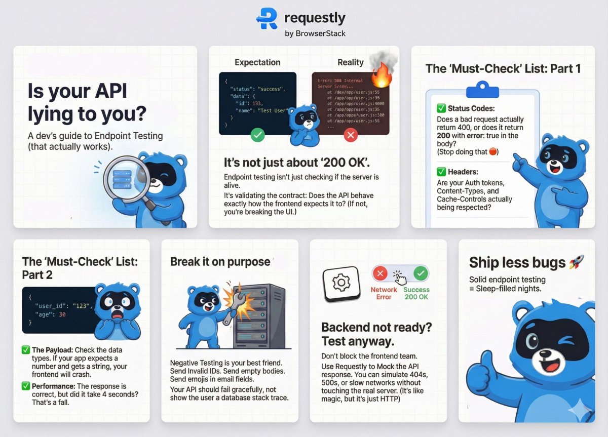 RequestlyIO's tweet image. The lie: “Status: 200 OK”
The truth: A 500 Internal Server Error quietly hiding inside your JSON. 🫠

👇 Here’s your quick guide to stop shipping fragile endpoints. 

Ship fewer bugs, sleep more nights. 😴