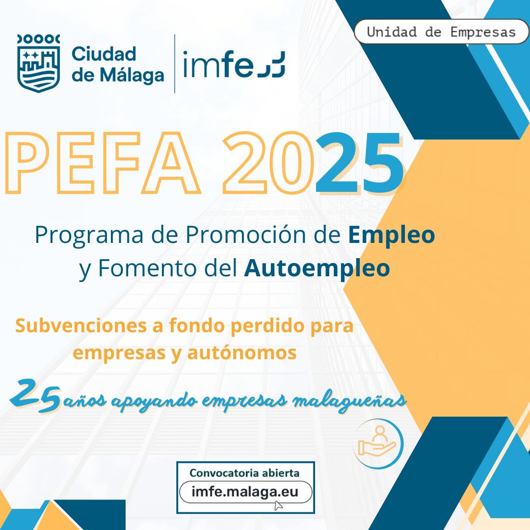 💰 ¡Últimos días del Programa de Promoción de #Empleo y Fomento del #Autoempleo (#PEFA)!
💸 #Ayudas de hasta 9.000 euros para #autónomos y #empresas de reciente creación por generar #empleo estable
📝 acortar.link/itRgjM

#Málaga #IMFEMálaga
<a href="/malaga/">Ciudad de Málaga</a> <a href="/MalagaComercio/">#CompraMálaga</a>