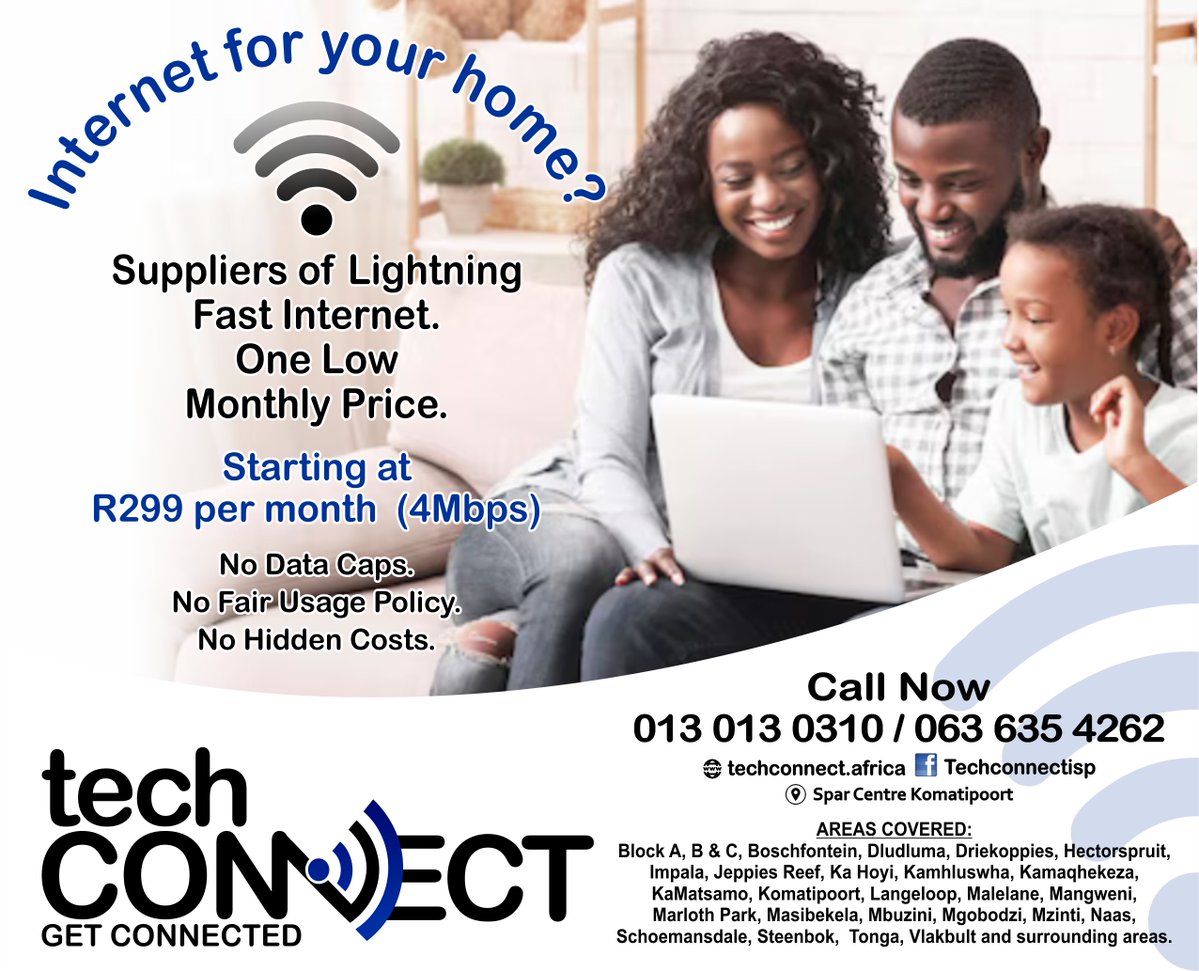 GorePrinting's tweet image. techConnect Komatipoort, Mpumalnga- Your partner for uncapped internet solutions! GET CONNECTED TO LIGHTNING-FAST INTERNET!

Call us: 0130130310 / 0636354262
Visit our website: techconnect.africa
Stay connected, stay productive!

#TechConnect #komatipoortinternet #Uncapped